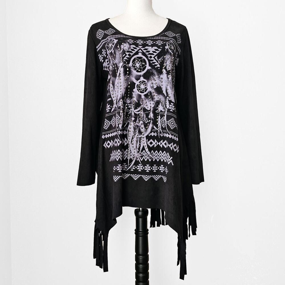 Vocal Large Black Tunic Fringe Faux Suede Dreamcatcher Print and Stud Details